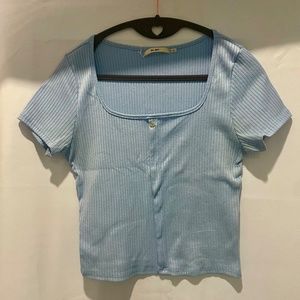 Blue Square Neck Crop Short Sleeve Ribbed Tee